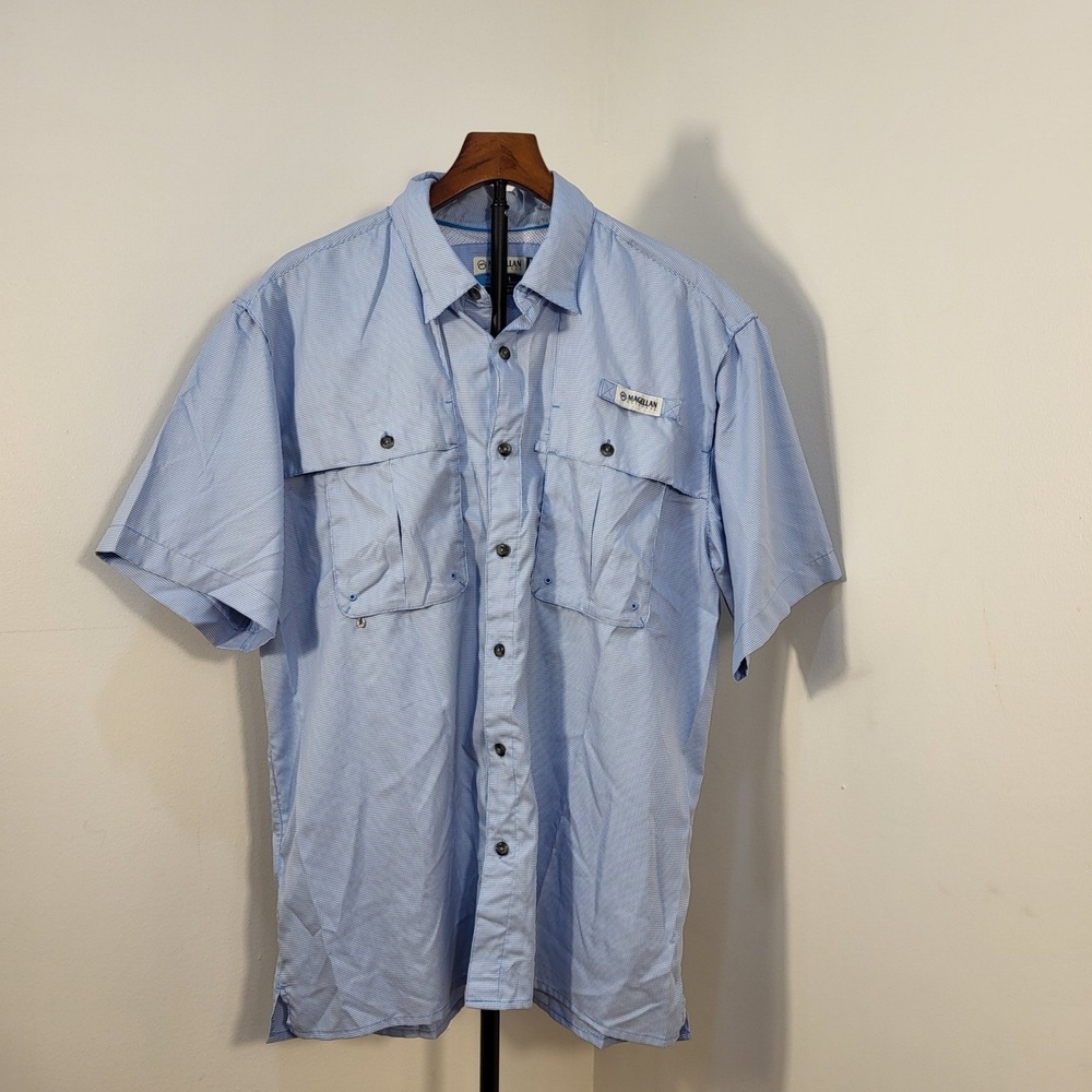 Magellan Outdoors Fish Gear Men Large Blue Micro Check Fishing Shirt Relaxed Fit